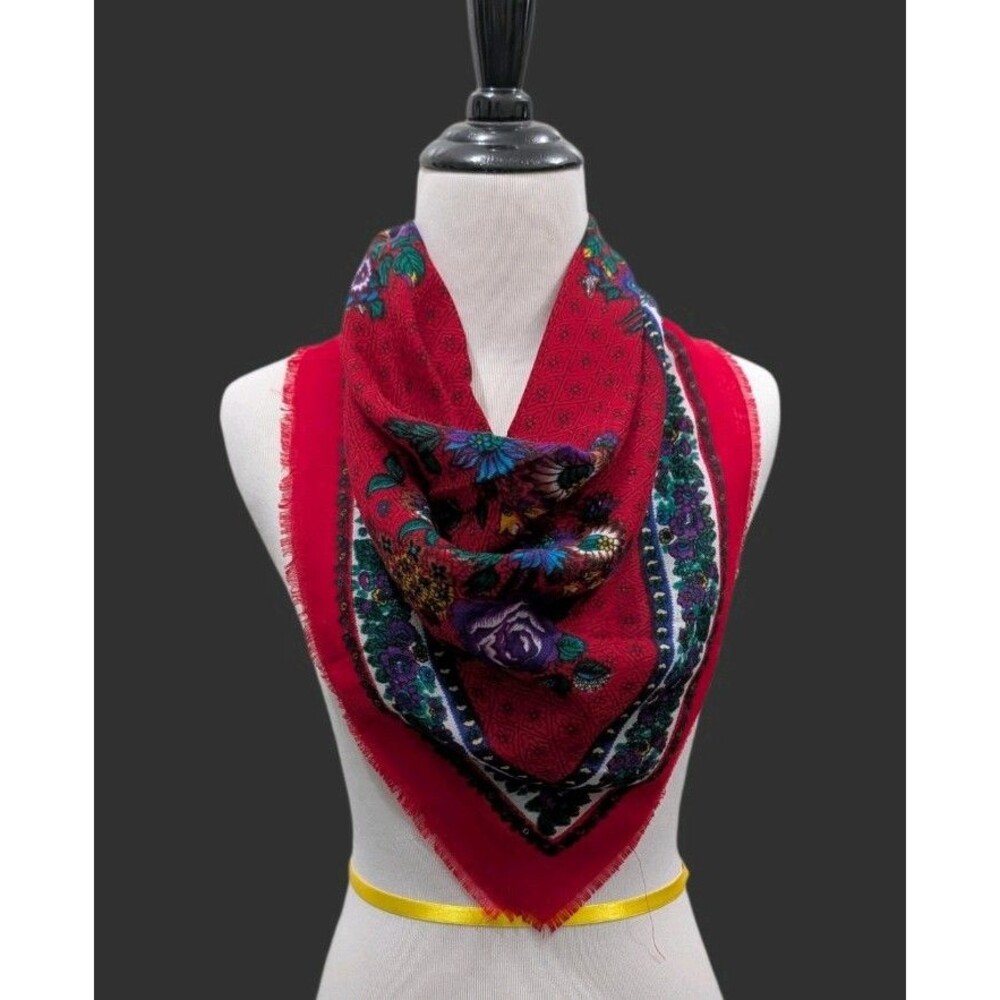 Vintage Russian Pavlovo Posad Floral Babushka Scarf Red Purple Rose Fringe 31"